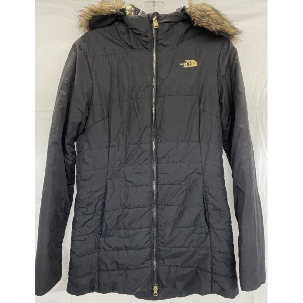 The North Face Women's Puffer Jacket With Faux Fur Hoodie. Black & Gold. Small